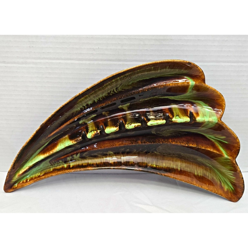 Vintage MCM 14" Ceramic Leaf Dish Sail Boat Ashtray Brown Green Drip Glaze Large